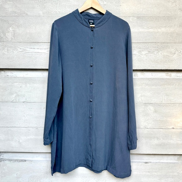 Eileen Fisher Tops - Eileen Fisher Silk Knot Mandarin Collar Grey Blue LS Tunic Flowy Minimalist L